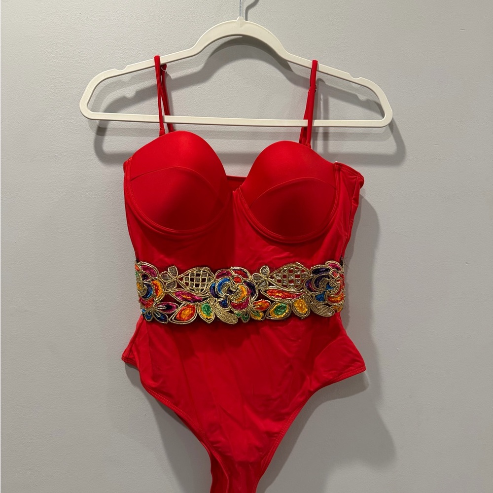 Red One-Piece Swimsuit with Colorful Embellishments